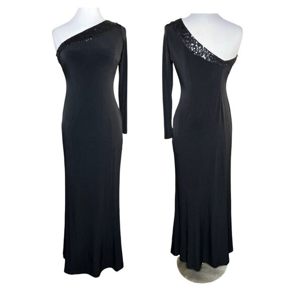 Calvin klein One Shoulder Single Sleeve Sexy Sequin Trim Floor Length Dress Gown - Picture 4 of 11